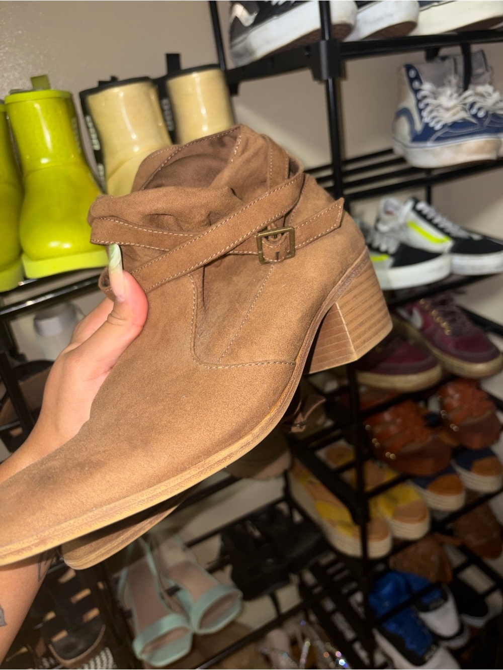American Eagle Outfitters Tan Suede Ankle Booties with Buckle Strap